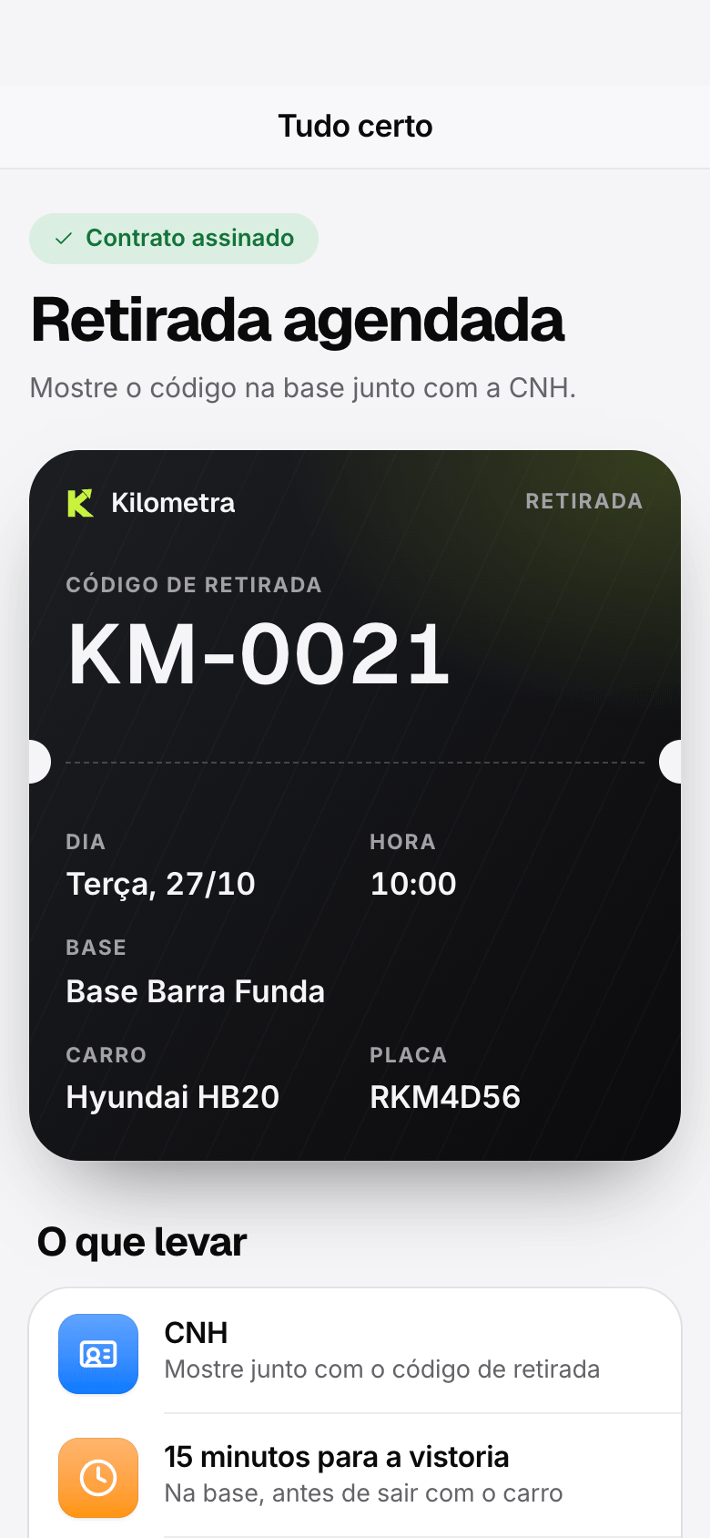 Cadastro no celular: retirada agendada, com o código para mostrar na base