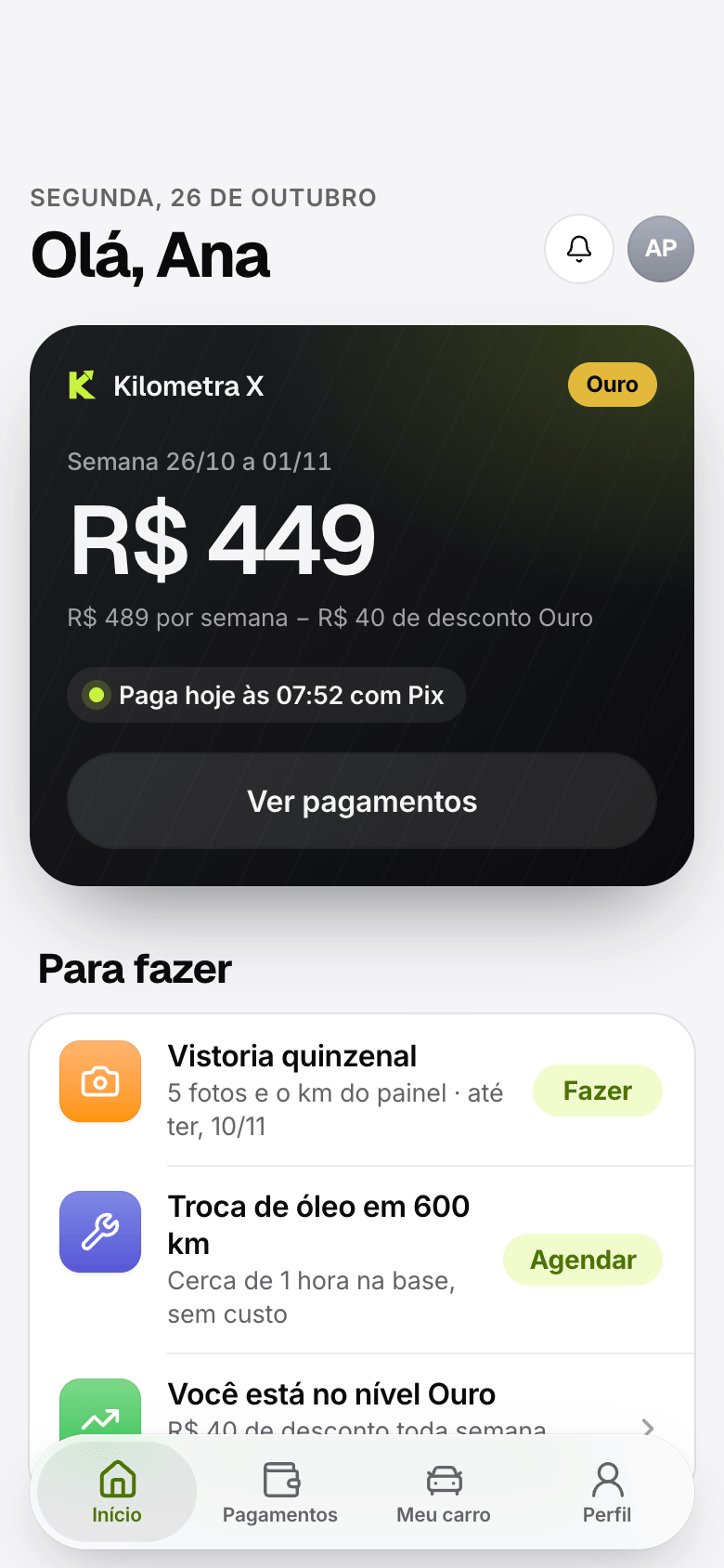 App da Kilometra no iPhone: a semana paga, o nível Ouro e o que fazer no dia