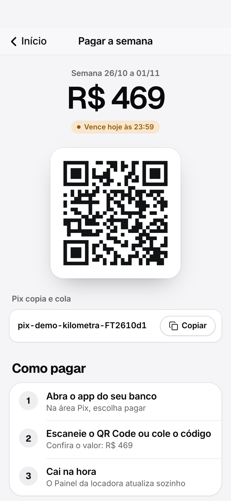 Tela do Pix no app: o valor da semana, o QR Code e o Pix copia e cola